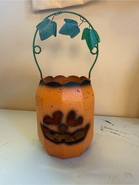 Orange Jack-o'-Lantern Metal Lantern with Green Leaf Handle